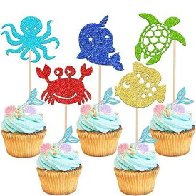 30個 オーシャン 海の動物 カップケーキトッパー イッカク 魚 カメ タコ カニ カップケーキピック ベビーシャワー 海の動物のテーマ 誕生日パーティー ケーキデコレーション用品 ZHUOWEISM 30 PCS Ocean Sea Animals Cupcake Toppers Narwhal Fish T