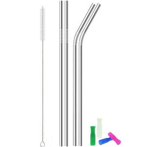 KEWLYSEU Metal Stainless Steel Straws, 4pcs 12 Ultra Long Reusable Metal Drinking Straws with Cleaning Brush and Silicone Tips for Tall Tumblers