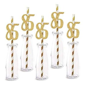 MAGJUCHE 85th Birthday Paper Straw Decor, 24-Pack Real Gold Glitter Cut-Out Numbers Happy 85 Years Party Decorative Straws