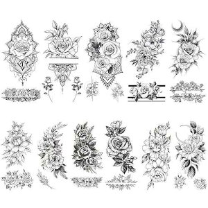 Glaryyears Flower Temporary Tattoos for Women, 11-Pack Henna Design Variety Pack Fake Tattoos, Long-lasting Rose Floral Realistic Tattoos for Arm Shoulder Chest Body Wrist Glaryyears Flower Temporary Tattoos for Women, 11-