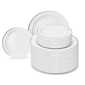 OCCASIONS 240 Plates Pack,(120 Guests) Heavyweight Premium Wedding Party Disposable Plastic Plates Set -120 x 10.5'' Dinner + 120 x 7.5'' Salad/Dessert (White & Silver Rim) OCCASIONS FINEST PLASTIC TABLEWARE OCCASIO
