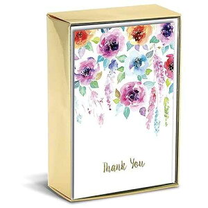 Graphique Hanging Flowers Boxed Notecards, 16 Colorful Watercolor Floral Thank You Message Cards, Embellished Gold Foil Notecards with Matching Envelopes and Storage Box, 3.25 x 4.75