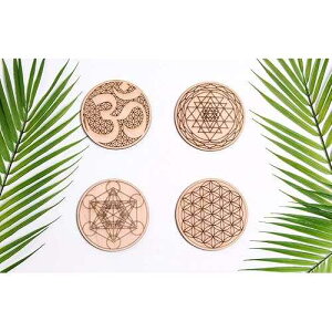 Fourth Level Manufacturing Sacred Geometry Coasters, One Set of Four Includes: 1 Metatrons Cube, 1 Sacred Om, 1 Sri Yantra, 1 Flower of Life, Drinks, Table Decorations for Hot and Cold Beverages, Protect Furnitur