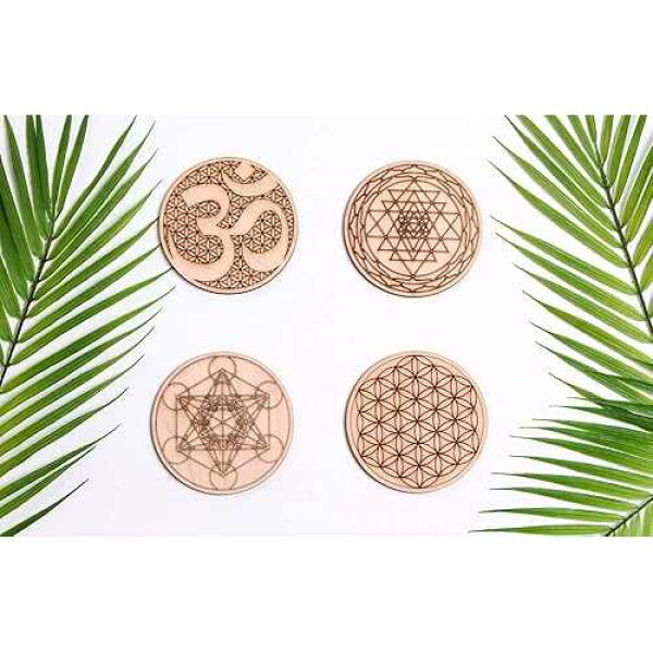 Fourth Level Manufacturing Sacred Geometry Coasters, One Set of Four Includes: 1 Metatrons Cube, 1 Sacred Om, 1 Sri Yantra, 1 Flower of Life, Drinks, Table Decorations for Hot and Cold Beverages, Protect Furniture