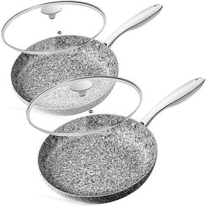 MICHELANGELO Frying Pan Set with Lid, 8 & 10 Granite Frying Pan Set with 100% APEO & PFOA-Free Stone Non Stick Coating, Granite Skillet Set with Lid, Nonstick Frying Pans 2 Piece - 8+10