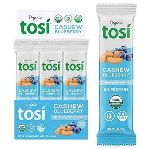Tosi Cashew Blueberry Protein Bars, Plant Based with Nuts, Gluten-Free Crunchy Snacks, Vegan, Organic, Flax & Chia Seeds, Soy-Free, Omega 3s, 5G Protein, 1 oz, 12-Pack
