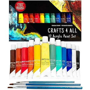 Crafts 4 All Acrylic Paint Set for Adults and Kids - 12 Pack of 12mL Paints with 3 Art Brushes, Non-Toxic Craft Paint for Easter Eggs, Ceramic Rock Paint - Art Supplies