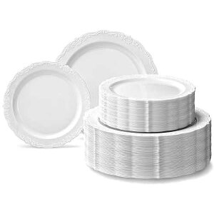 OCCASIONS FINEST PLASTIC TABLEWARE  OCCASIONS  240 Plates Pack,(120 Guests) Vintage Wedding Party Disposable Plastic Plates Set -120 x 10'' Dinner + 120 x 7.5'' Salad/Dessert (Verona Plain White)