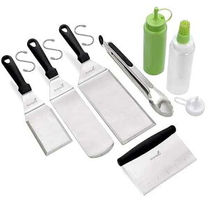 Anmarko Metal Spatula and Scraper Set - Griddle Accessories kit - Grill Tongs Flat Spatula Pancake Flipper Hamburger Turner Squeeze Bottles Set - Metal Utensil Great for BBQ Grill Flat Top Cast Iron