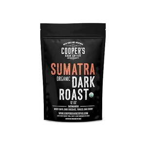 Cooper's Cask Coffee Organic Dark Roast Sumatra, Smooth and Rich Single Origin Grade 1 Premium Coffee - 12 oz Bag (Whole Bean)
