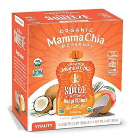 Mamma Chia オーガニック バイタリティ スクイーズ スナック、マンゴー ココナッツ、24～3.5 オンスのチア スクイーズ パウチ、USDA オーガニック、非遺伝子組み換え、ビーガン、グルテンフリー、コーシャ。わずか70カロリーの果物と野菜 Mamma Chia Organic V