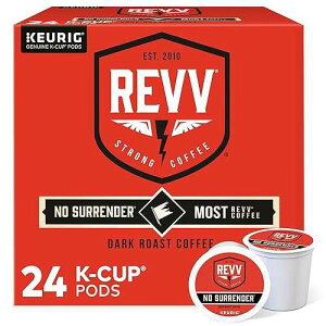 REVV �m�[�T�����_�[�A�V���O���T�[�u�L���[���O K �J�b�v�|�b�h�A�_�[�N���[�X�g�R�[�q�[�A24 �� REVV No Surrender, Single-Serve Keurig K-Cup Pods, Dark Roast Coffee, 24 Count