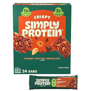 Simply Protein - Peanut Butter Chocolate Crispy Bars - Plant Based Protein Bars - Low Carb, Low Sugar, High Fiber - 13g Protein, 2g Sugar, 7g Fiber - Vegan, Gluten Free, Non GMO, Kosher - 24 Bars Simply Protein