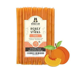 ? ?? 50?? (??) The Honey Jar Peach Flavored Honey Sticks - Pure Honey Straws For Tea, Coffee, or a Healthy Treat - One Teaspoon of Flavored Honey Per Stick - Made In The USA with Real Honey - (50 Count)