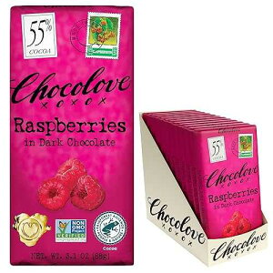 Chocolove Raspberries Dark Chocolate Bars | 55% Cocoa | Tangy Raspberry Bits | Smooth & Sweet | Premium Belgian Dark Chocolate | Non-GMO, 3.1 oz Bar (12 Pack)