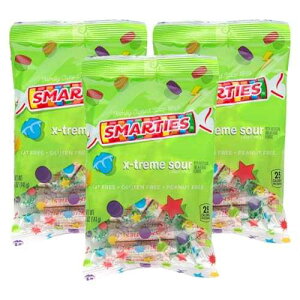 Smarties X-treme Sour Candies - Gluten Free, Peanut Free, Dairy Free Extra Sour Candy - Perfect for Parties, Candy Mixes, & Halloween - Made by US Candy Company Since 1949-5 oz Bag (Pack of 3) Smarties X-treme S