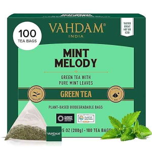 VAHDAM, Mint Green Tea Bags (100 Count) 100% Pure Leaf Tea, High Grown, Low Caffeine, Non GMO, Gluten Free Plant-Based Pyramid Tea Bags Direct from Source VAHDAM, Mint Green Tea Bags (100 Count) 100% Pure Lea