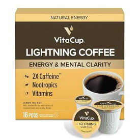 VitaCup Lightning Coffee Pods, for Memory & Focus w/ 2X Caffeine, Green Coffee Bean, B Vitamins, D3, Strong Dark Roast, Recyclable Single Serve Pod Compatible with Keurig K-Cup Brewers, 16 Ct VitaCup Lightning Coff