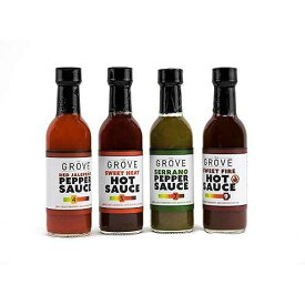 ホットソース ギフトセット スパイシーソースファン 4 個パック、スイートファイア、スイートヒート、レッドハラペーニョペッパーソース、セラーノペッパーソース付き 激辛ホットソースセット グルテンフリー ビーガン The Grove Hot Sauce Gift Set Four Pac