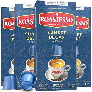 Roastesso, Aluminum Espresso Capsules, Sunset Decaf, Decaffeinated Pods, Compatible with Nespresso Original Machines, Dark Roast, Intensity 8, Recyclable Coffee Capsules, Packed in USA (40 Count) Roastesso, Aluminum E