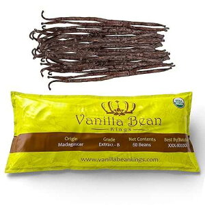 Vanilla Bean Kings 50 Organic Madagascar Vanilla Beans - Whole Extract Grade B Pods for Baking, Homemade Extract, Brewing, Coffee, Cooking