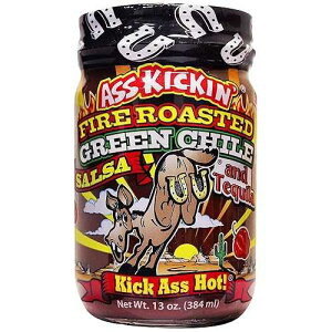 ASS KICKIN' KICKIN' Fire Roasted Green Chile and Tequila Salsa - 13 oz. - Premium Gourmet Salsa for Tortilla Chips, Veggies, and Breakfast Burritos - Perfect Stocking Stuffers or Christmas Gifts - Try if you