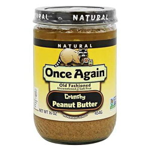 Once Again Natural, Crunchy Peanut Butter, 16oz - Salt Free, Unsweetened - Gluten Free Certified, Vegan, Kosher, Non-GMO Verified - Glass Jar