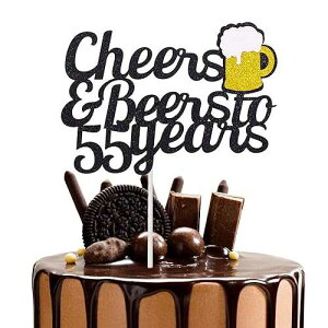 Joymee 55th Birthday Cake Topper Cheers to 55 Years Cake Decor for Men Women 55 Fabulous Cake Pick Black Gold Glitter 55th Birthday Wedding Anniversary Party Supplies Decorations 1-Pack