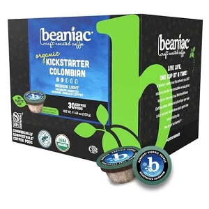 beaniac Organic Kickstarter Colombian, Medium Light Roast, Single Serve Compostable K Cup Coffee Pods, Organic Arabica Coffee, Keurig Brewer Compatible, 30 Count