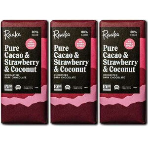 Raaka Chocolate Pure Cacao & Strawberry & Coconut, 1.8oz Bars, 3-Pack, Organic, Vegan, Fair Trade, Soy Free, Gluten Free, Kosher, Paleo, Keto Raaka Chocolate Pure Cacao & Strawberry & Coconut, 1.8oz Bars, 3-