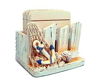 Puzzled COTA Global Nautical Wooden Coaster and Holder Set - Rustic Circle Coaster Set with Holder, Cute Beach Theme Drink Coasters Set for Spill and Scratch Free Tabletop - 6 Coasters and 1 Holder Set