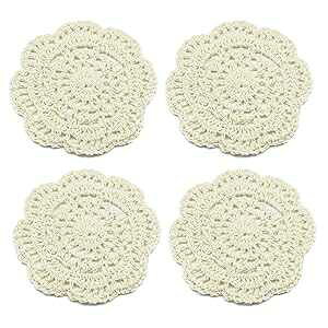 LtC Ȃj҂݃Rbg[XR[X^[hC[pbNZbgA4Ax[WAEhA4C` kilofly Small Crochet Cotton Lace Coasters Doilies Pack Set, 4pc, Beige, Round, 4 inch