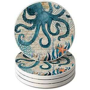 Monterey Bay Octopus 4-Pack Round Absorbent Stone Coasters with Protective Cork Backing Manufactured in The USA Counterart Monterey Bay Octopus 4-Pack Round Absorbent Stone Coasters with Protective Cork Backing Manufactured i