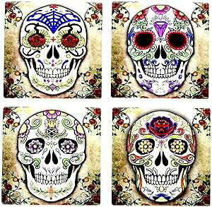 DWK Sugar Skull Day of The Dead Decorative Drink Absorbent Coasters | 4 Piece Cork Coaster Set | Day of The Dead Decorations | Coffee Table Mexican Decorations - 4