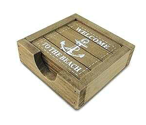 Puzzled COTA Global Nautical Wooden Coaster and Holder Set - Rustic Square Coaster Set with Holder, Cute Beach Theme Drink Coasters Set for Spill and Scratch Free Tabletop - 6 Coasters and 1 Holder Set