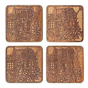 O3 Design StudioɂTtVXR}bvR[X^[A4ZbgAsn}tTyؐR[X^[A San Francisco Map Coaster by O3 Design Studio, Set Of 4, Sapele Wooden Coaster With City Map, Handmade