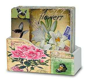 BANBERRY DESIGNS Drink Coasters with Holder - Set of 6 - Assorted Artist Renderings of Flowers & Butterflies - Each Coaster is Printed with a Unique Colorful Flower Theme with Vintage European Stamps
