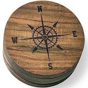 Compass Rose V2 (qC) hNR[X^[ (̃fUC) - ꂽAJVAނ̃fUC - 4 Zbg Prestige Decanters Compass Rose V2 (Nautical) Drink Coasters (Multiple Designs) - Engraved Acacia Wood Design - Se