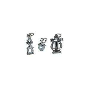 Ann Peden Jewelry Sorority Alpha Chi Omega AXO Trio of Essential Charms Sorority Greek - Lavaliere, Lyre Mascot Charm, & white glass Pearl Dangle