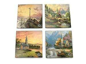 Trend Setters Thomas Kinkade Inspirational Glass Coaster Set - Churches and Chapels Cross Religious Christian - Comes with Stylish Modern Wooden Holder