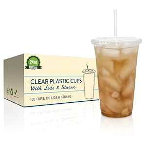 SafeWare 使い捨て透明プラスチック製持ち帰り用カップ (平らな蓋とストロー付き) アイスコーヒー タピオカティー スムージー 冷たい飲み物 ミルクセーキ 旅行。(24オンス) SafeWare Disposable Clear