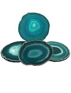 AMOYSTONE Teal Coasters Stone Agate Set of 4 Crystal Quartz Rock Coasters 3-3.5" for Drinks, Wine Cup Mat Coasters Mother Gifts