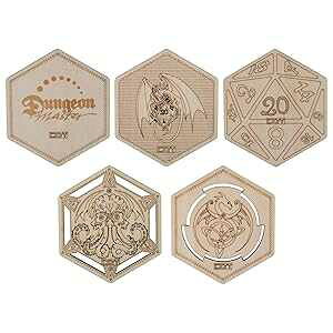 DND ؐR[X^[ N[&j[Nȃe[u}OJbv}bg [U[ hSAD20ANgDt (5Zbg) CZYY DND Decorative Wood Coasters Cool & Unique Table Mug Cup Mats Laser Engraved with Dra