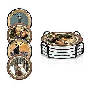 SAC SMARTEN ARTS Ceramic Coaster Set of 4 Moisture Absorbing Stone Coasters with Cork Base Drink Coasters Suitable for Kinds of Mugs and Cups 4.25"