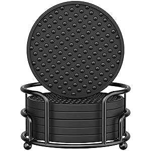 Drink Coasters Set of 6 Packs with Holder, HFHOME Round Black BPA Free Silicone with Non-Slip Bottom Fits Any Size Cup Mug or Glasses (Black)