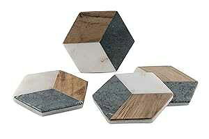 GoCraft Hexagon Geometric Coasters | Handcrafted Geometric Coasters with Green for Your Drinks, Beverages & Wine/Bar Glasses | Green Marble & Wood Inlay on White Marble Base (Set of 4)