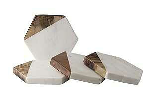GoCraft }[u & Ebh R[X^[ ̊􉽊wIȔ嗝΃R[X^[ }S[Ebht hNAAC/o[OXp (4Zbg) GoCraft Marble & Wood Coasters Handcrafted Geometric