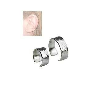Sparkling Hearts Designs Solid Sterling Silver Wide Hammered Ear Cuff Set for Non-Pierced Ears. Fake Orbital and Helix Piercing