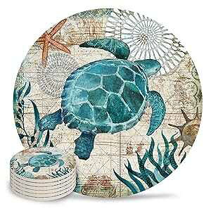 Vandarllin Drink Coasters Sea Turtle Ocean Animal Absorbent Stone Ceramic Coaster with Cork Back and NO Holder for Cups, Set of (6-Pieces)