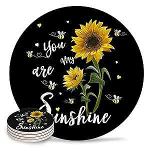 Vandarllin Drink Coasters You Are My Sunshine Sunflowers Absorbent Stone Ceramic Coaster With Cork Back And No Holder For Cups, Set Of 4-Piece, Black